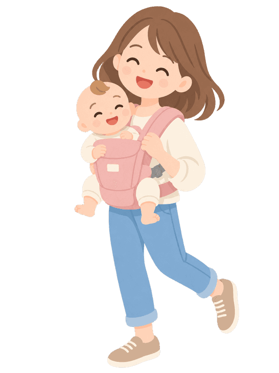 抱っこ紐で赤ちゃんを抱っこして歩くママのイラスト